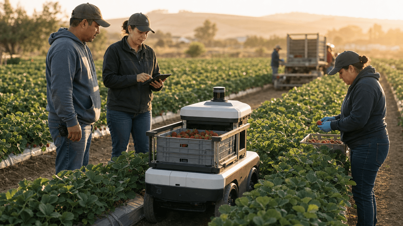 Grower and harvest crew supervising a harvest-assist robot moving produce bins in a specialty crop field.