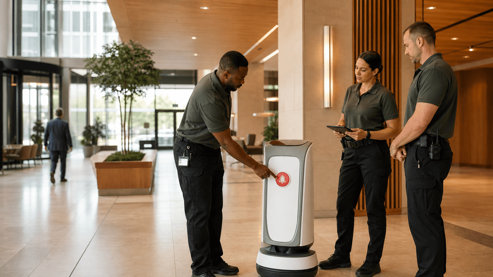Public-safety staff testing a supervised emergency help robot in a calm public facility lobby.