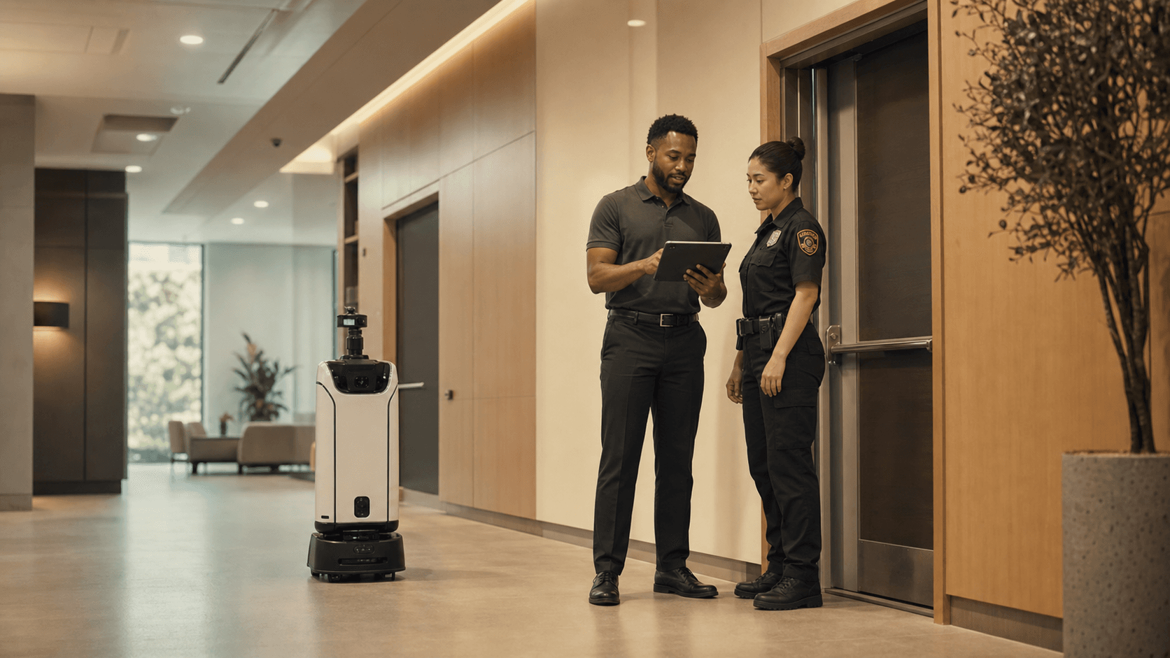 Facilities and security staff supervising a sensor patrol robot during a routine building inspection.