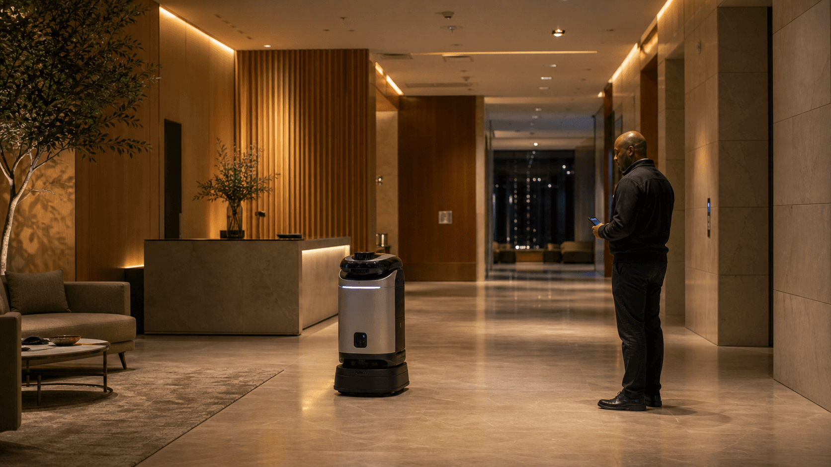 Security supervisor monitoring an indoor patrol robot in a warm commercial building lobby.