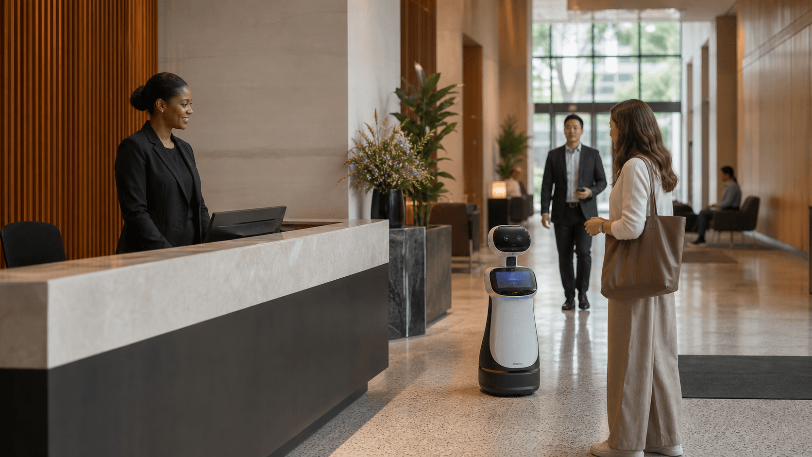 Lobby staff supervising a security concierge robot near a warm commercial reception desk.