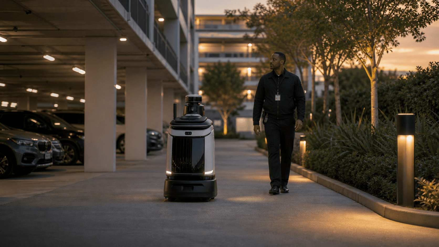 Security staff supervising an outdoor patrol robot along a commercial property parking perimeter.