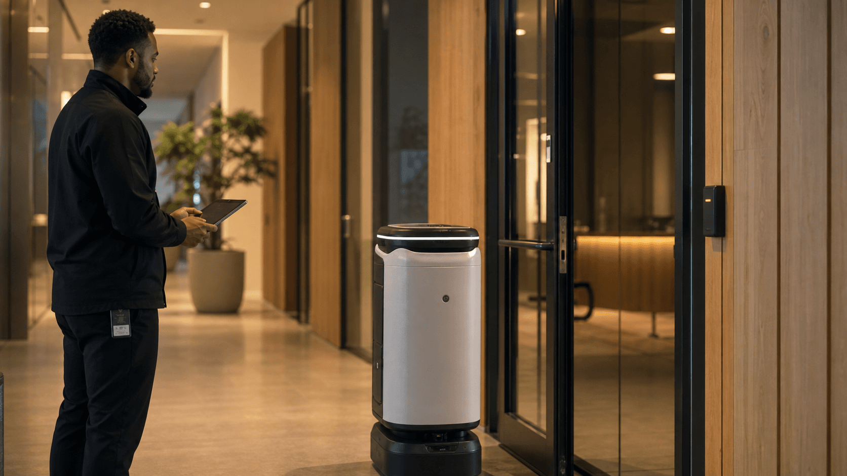 Security operator supervising a robot near an access-controlled doorway in a warm commercial corridor.