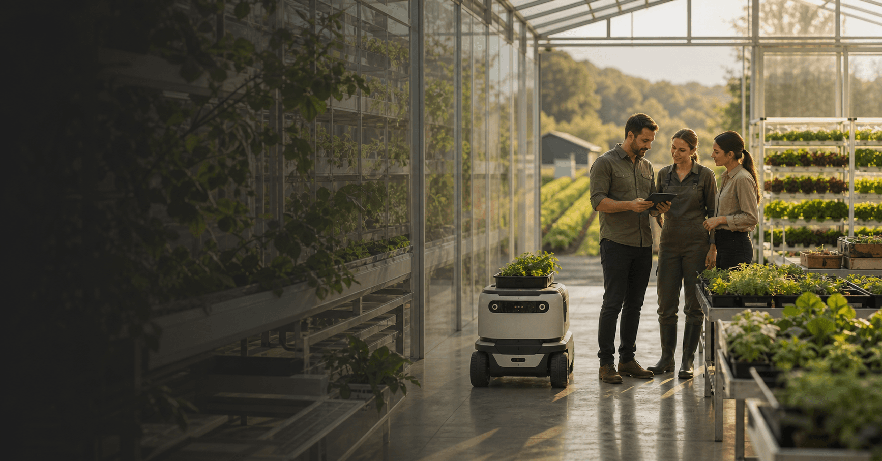 Greenhouse and specialty agriculture operators supervising a service robot in a warm controlled-environment farm.