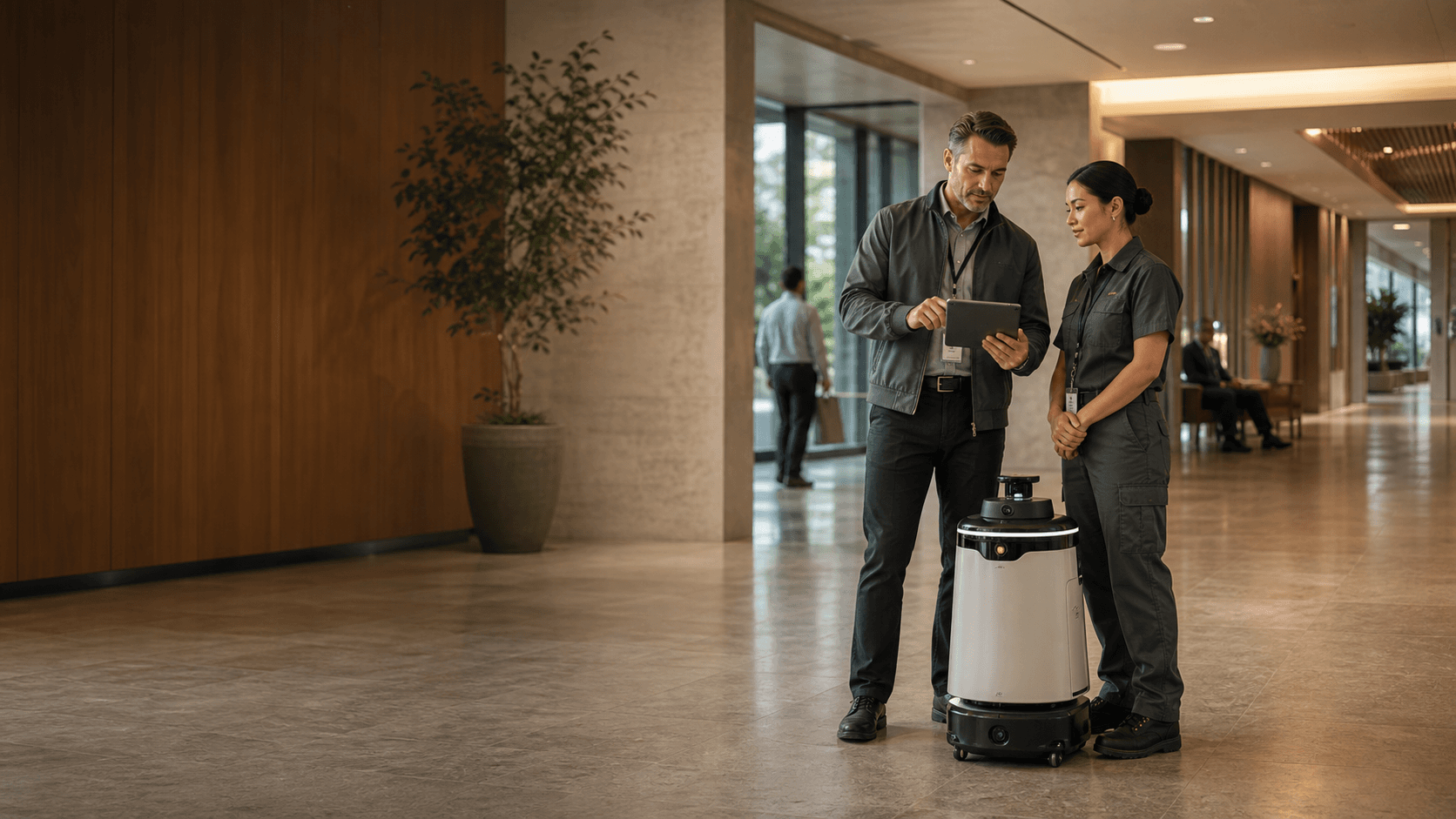 Security and facilities teams supervising a service robot in a warm commercial real estate lobby.