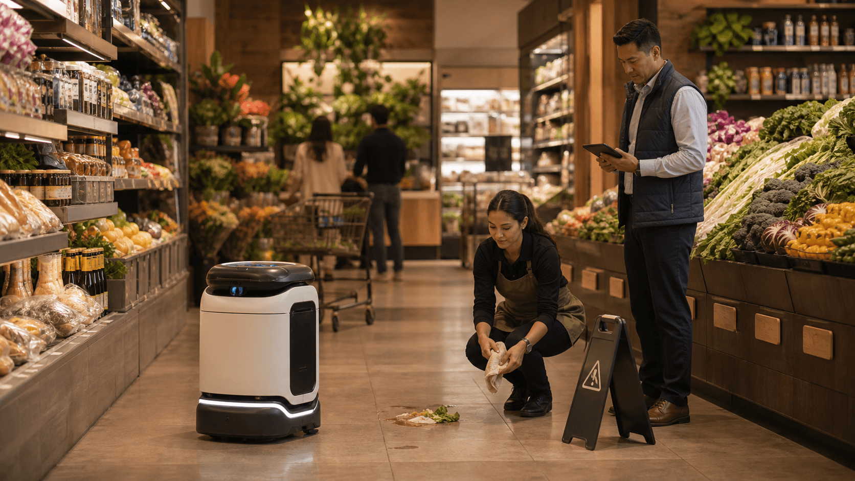 Grocery safety staff responding to a small aisle hazard flagged by a supervised store robot.
