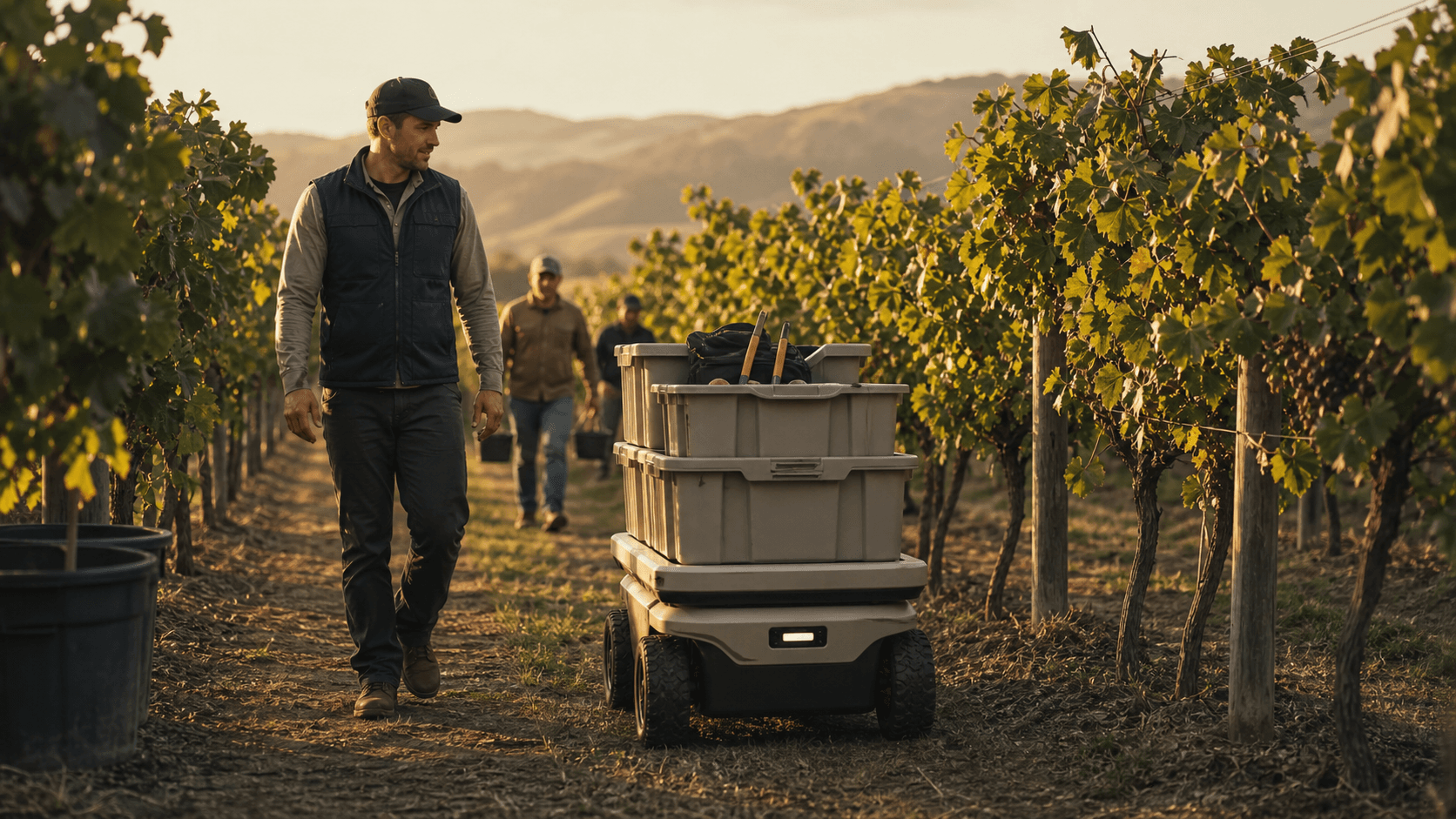 Orchard and vineyard crew supervising a follow-me transport robot carrying bins through crop rows.